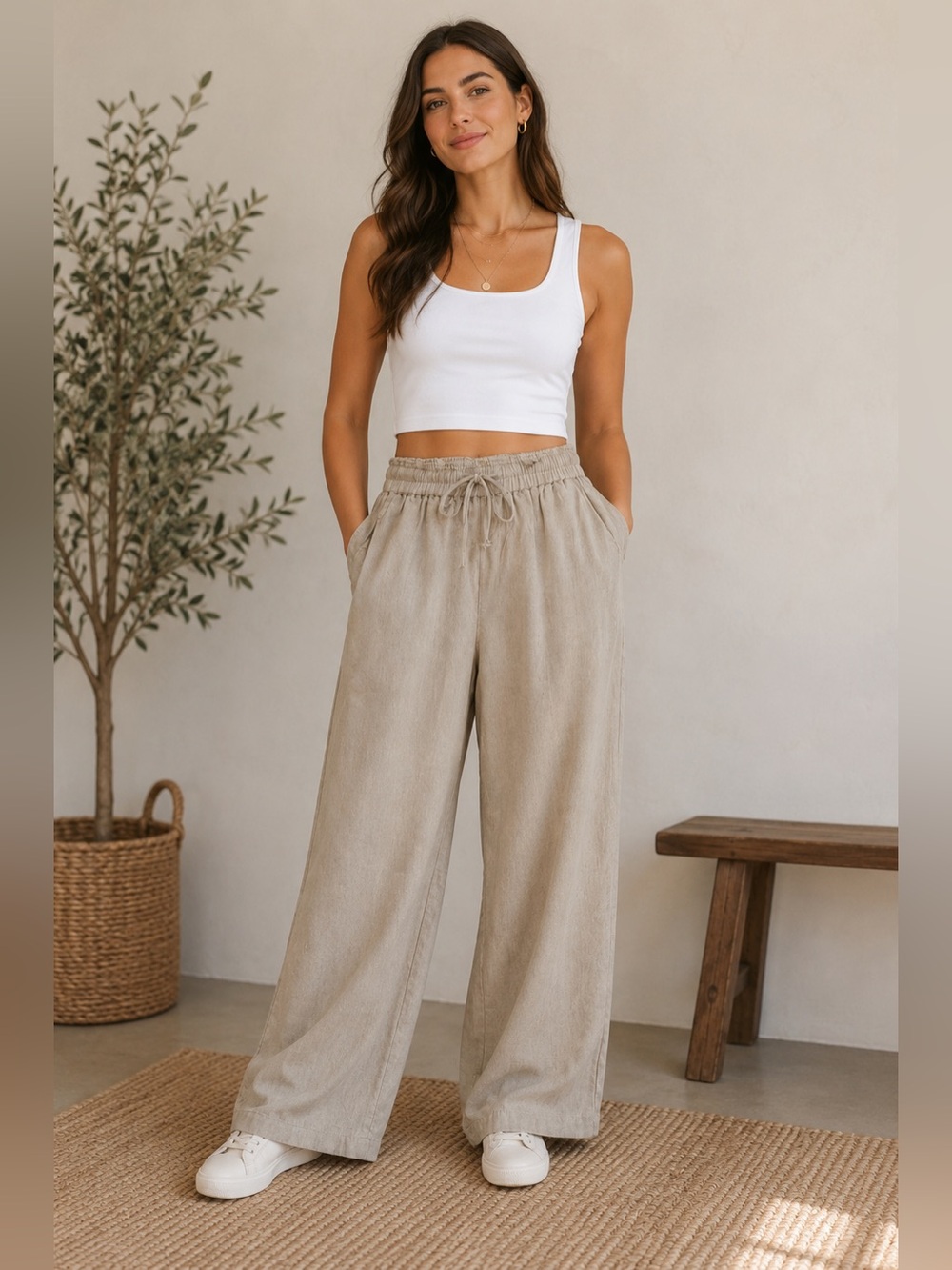 MUMIANZIU Beige Linen Casual Pants – Size L